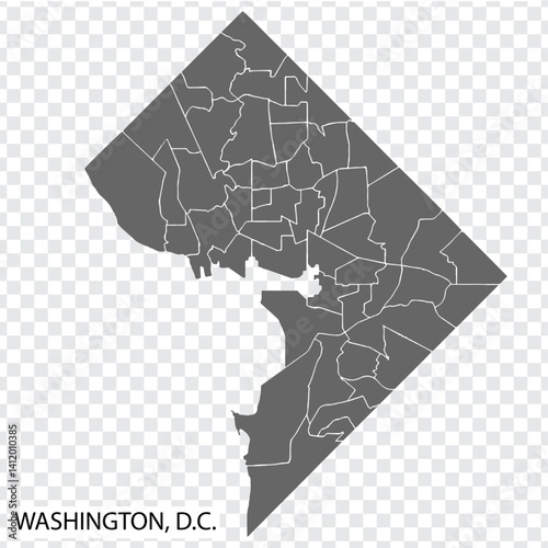 High Quality map Washington, D.C. is a capital of United States, with borders of the districts. Map Washington, District of Columbia for your web site design, app, UI. EPS10.
