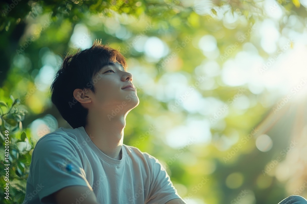 Peaceful young man rests outdoors beneath a leafy canopy.