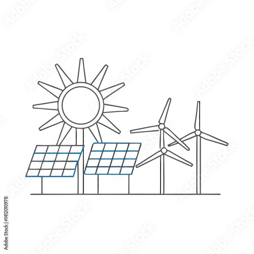 A clean line art design of solar panels and wind turbines with a sun in the background.  