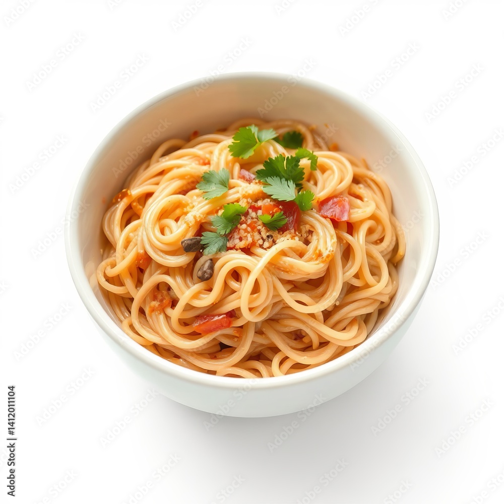 A delicious bowl of spaghetti with a simple tomato sauce garnished with capers, parsley, and sesame seeds is ready to be served. A delicious bowl of spaghetti with a simple tomato sauce garnished with capers, parsley, and sesame seeds is ready to be served.