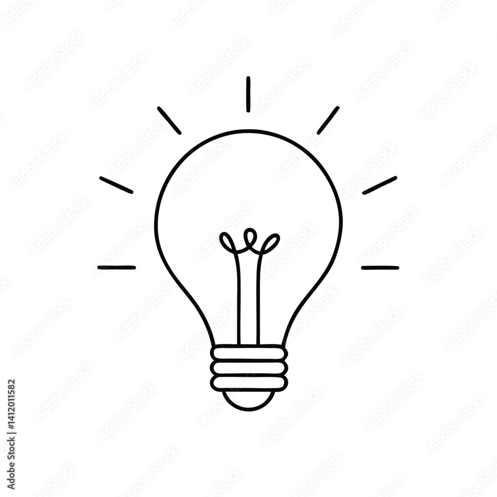 A minimalistic line art of a glowing light bulb, showing simple electrical connections. Isolated on a white background A minimalistic line art of a glowing light bulb, showing simple electrical connections. Isolated on a white background
