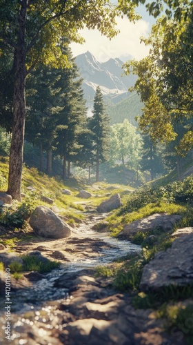Serene Mountain Stream: A Digital Painting of Tranquil Nature
