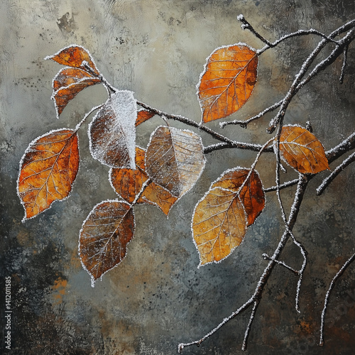 ethereal beauty of icy sleet delicately adorning vibrant autumn leaves freezes this fleeting moment in time, serving as a poetic symbol of graceful transition from enchanting fall to serene winter