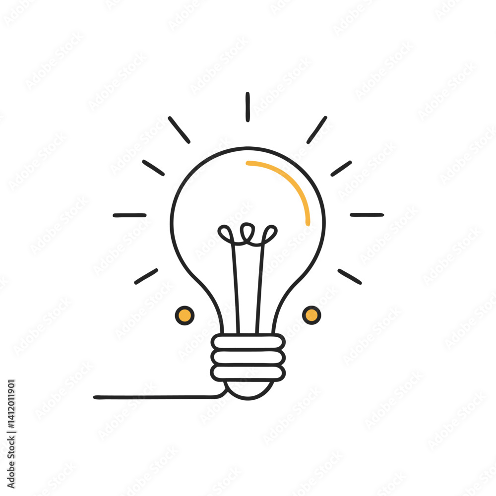 A minimalistic line art of a glowing light bulb, showing simple electrical connections. Isolated on a white background A minimalistic line art of a glowing light bulb, showing simple electrical connections. Isolated on a white background