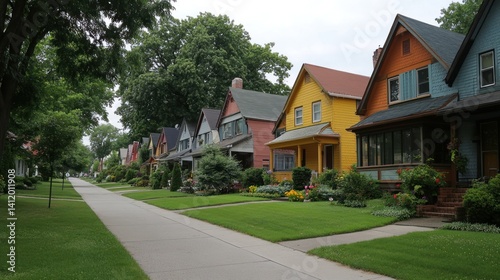 A scenic residential street showcasing colorful houses and green lawns