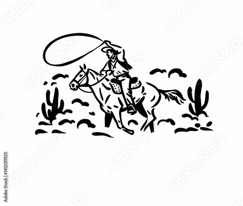 Hand drawn vintage western cowboy riding horse and lassoing
