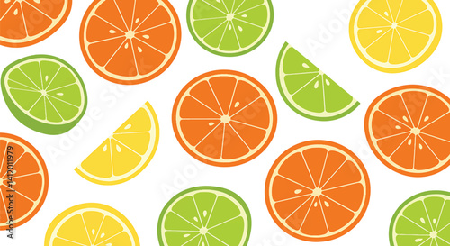A playful vector pattern featuring a mix of different fruit slices (orange, lemon, lime, kiwi) 