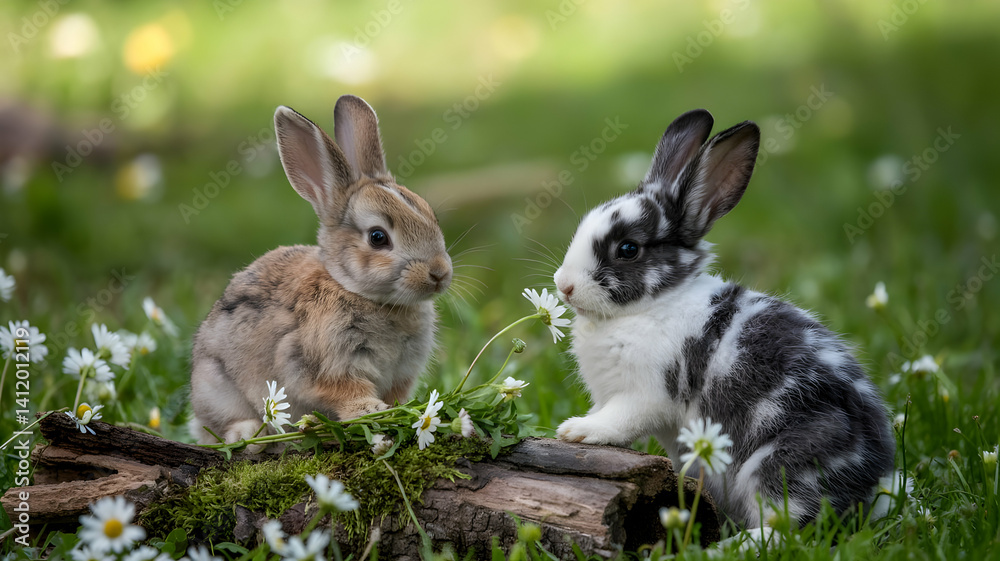Adorable Young Rabbits Sitting Together Amidst Fresh Green Grass and Wildflowers Adorable Young Rabbits Sitting Together Amidst Fresh Green Grass and Wildflowers