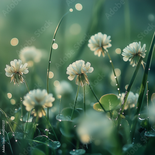 ethereal beauty of white clover flowers, delicately cradled in embrace of dew-kissed blades of grass during early morning hours, unveils a symphony of untainted blossoms, serene verdant hues,