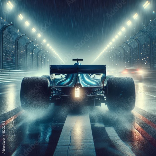 Formula one race car at the starting line in rain. Back rear wheel, wet asphalt, with water drops. Blue auto speeding in competition, high speed, speedway, motorsport.