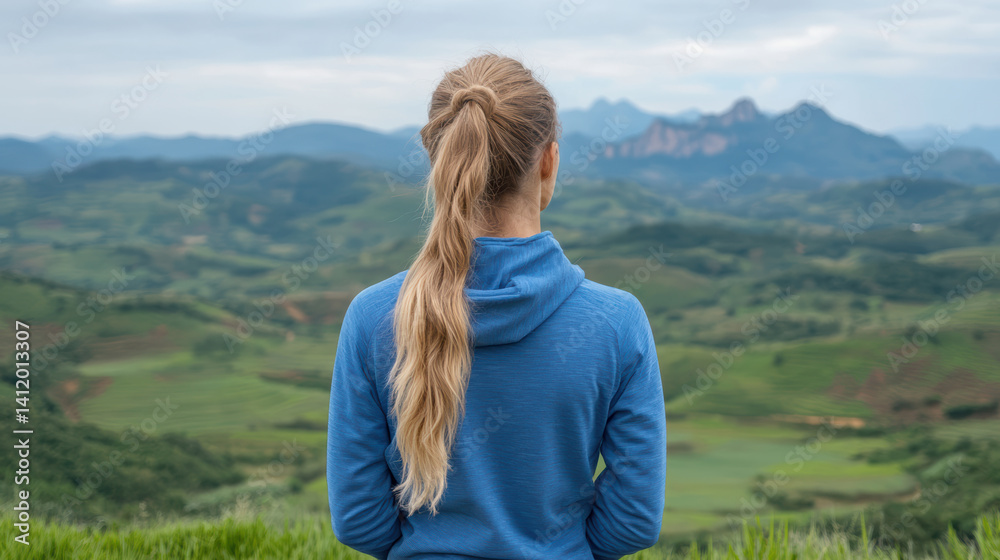traveler gazes over breathtaking valley, surrounded by lush greenery and mountains traveler gazes over breathtaking valley, surrounded by lush greenery and mountains