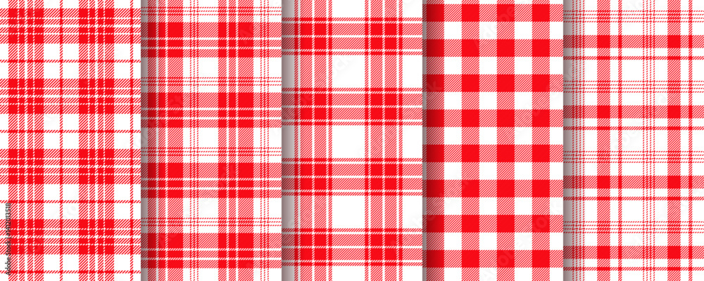 Plaid background. Check seamless pattern. Red white textures. Vichy gingham tablecloth. Set checkered kitchen prints. Table cloth tartan backdrop. Picnic retro textile wallpaper. Vector illustration.