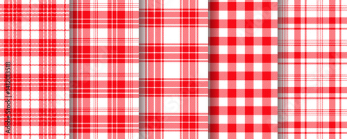 Plaid background. Check seamless pattern. Red white textures. Vichy gingham tablecloth. Set checkered kitchen prints. Table cloth tartan backdrop. Picnic retro textile wallpaper. Vector illustration.