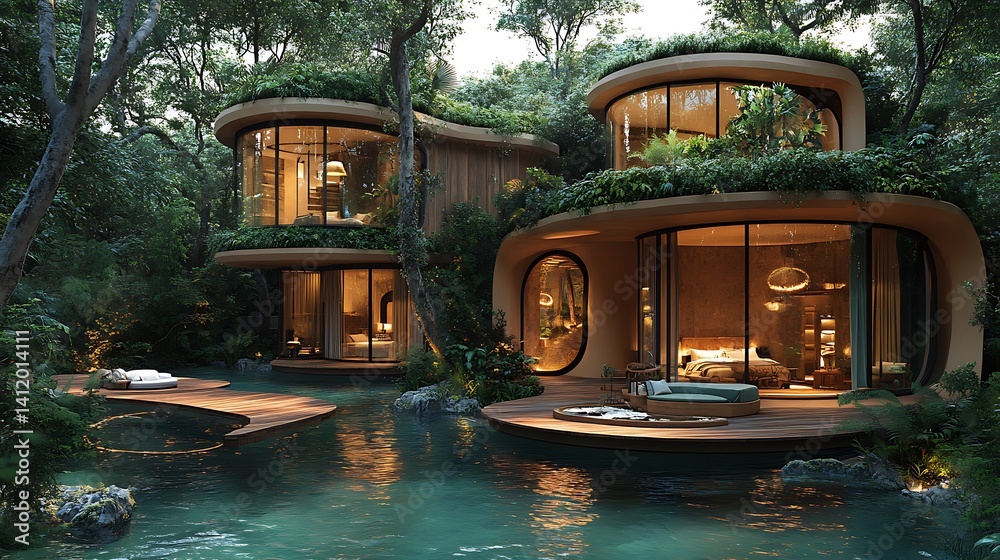 Obraz premium Luxurious Ecofriendly Treehouse Villas Nestled In Lush Tropical Forest Photo