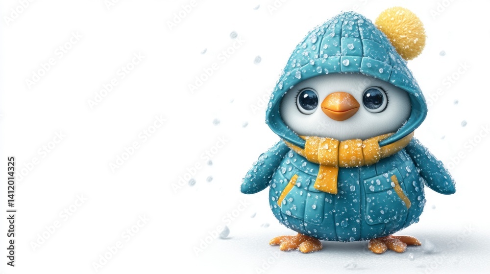 Adorable cartoon penguin wearing a blue hooded jacket and scarf, standing in the snow. Adorable cartoon penguin wearing a blue hooded jacket and scarf, standing in the snow.