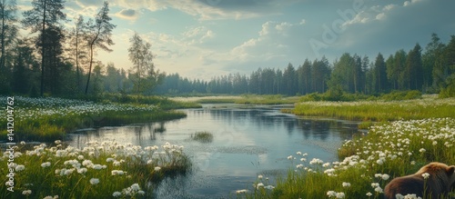Calm river, floral banks, forest backdrop, sunset