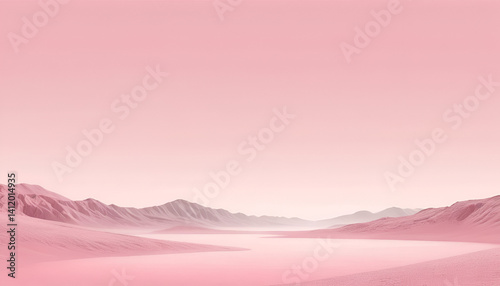 Monochromatic pink landscape with mountains and a hazy valley