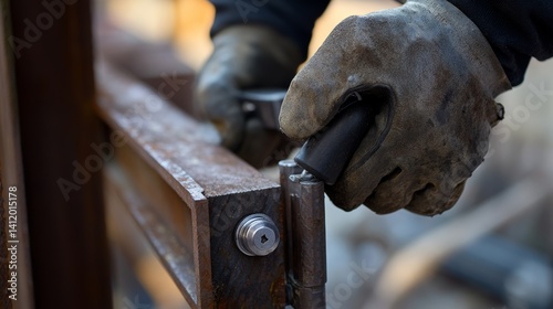 Engineer tightening bolts on a structural steel joint for safety. Featuring precision and stability