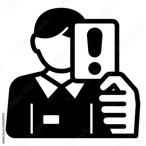 Referee man with ban warning card solid icon, world sport concept. Vector graphics. Trainer with deny letter, exclamation sign on white background, glyph style mobile or design.