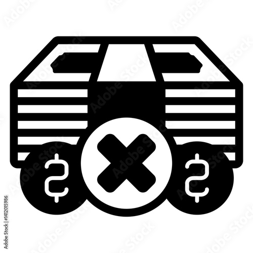 Money bills with coins ban solid icon, world sanctions concept. Vector graphics. Coins and paper banknotes, finance sign on white background, glyph style mobile or design.