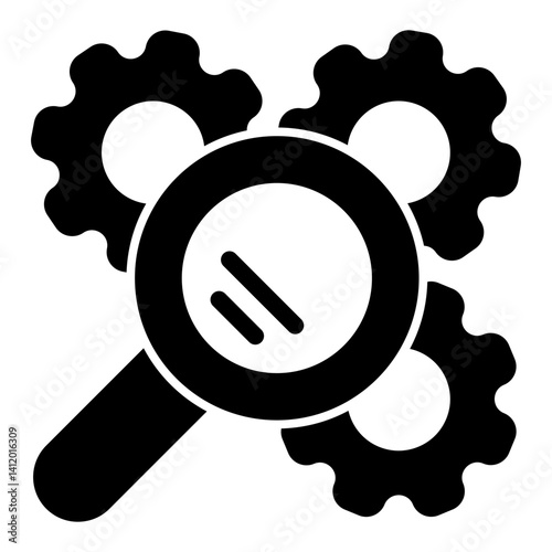 Gear mechanism with magnifier solid icon, repair service concept. Vector graphics. Magnifying glass and cogwheels sign on white background, glyph style mobile or design.
