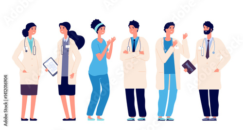 Happy Multigenerational Medical Staff, Smiling healthcare team of varied ages and genders in lab coats and scrubs, emphasizing diversity, unity, and experience in a healthcare setting.