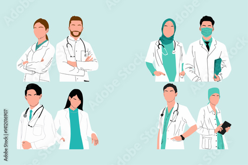Hospital Team in Uniform Illustration, Cartoon-styled healthcare workers in scrubs and lab coats, standing in a row with stethoscopes and clipboards, representing hospital staff teamwork.