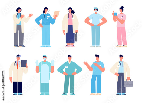 Medical Professionals Standing Together, Vector image of smiling doctors and nurses holding medical tools and clipboards, showcasing unity and cooperation in the healthcare industry.
