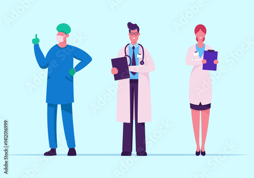 Group of Doctors and Nurses in Flat Style, Flat vector illustration of a medical team, showing different roles within a hospital setting with a mix of genders, ages, and professional attire.
