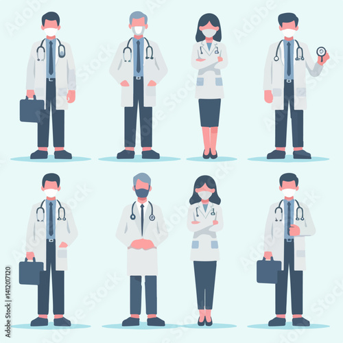 Healthcare Workers Group in Modern Flat Design, Illustrated team of smiling doctors and nurses in uniform, showing collaboration and diversity in a contemporary healthcare environment.