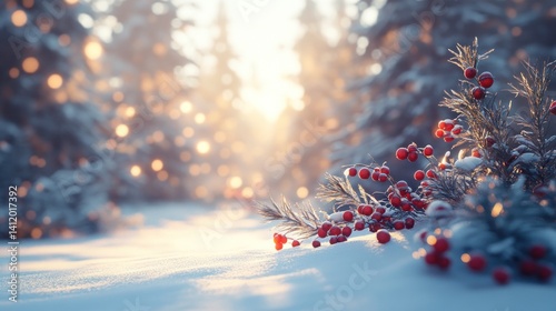 Winter Wonderland: A Snowy Forest Scene with Festive Berries