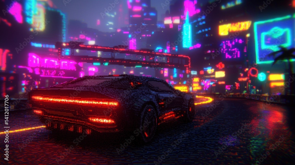 Fototapeta premium Cyberpunk car in neon city; driving at night; futuristic cityscape; poster