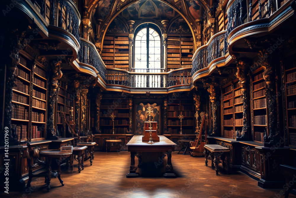 Stunning interior of a classic library with grand architecture, artistic details, and towering bookshelves filled with volumes. A timeless space filled with history