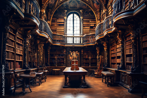 Obraz na płótnie Stunning interior of a classic library with grand architecture, artistic details, and towering bookshelves filled with volumes. A timeless space filled with history w salonie