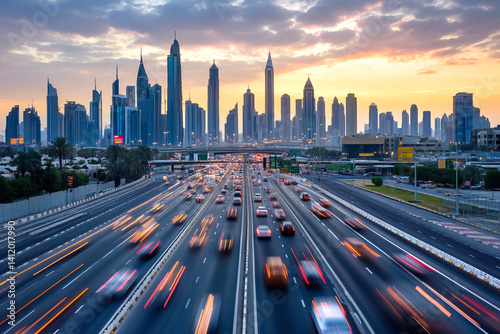 Busy city highway packed with cars in motion during rush hour, creating a traffic jam. Urban road filled with vehicles, emphasizing congestion, pollution