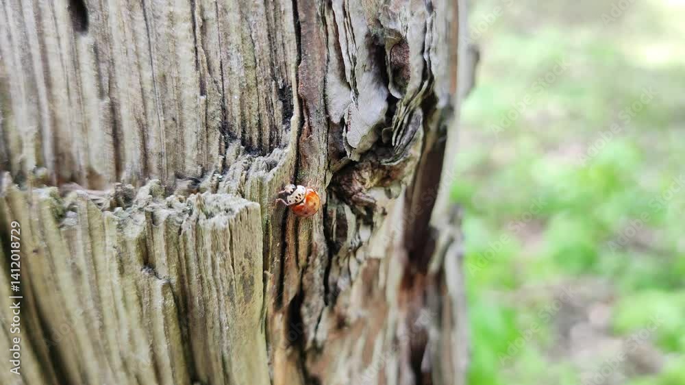 ladybug crawls on a tree. little red beetle. red beetle with black spots. red ladybug. ladybug crawls on a tree. little red beetle. red beetle with black spots. red ladybug.
