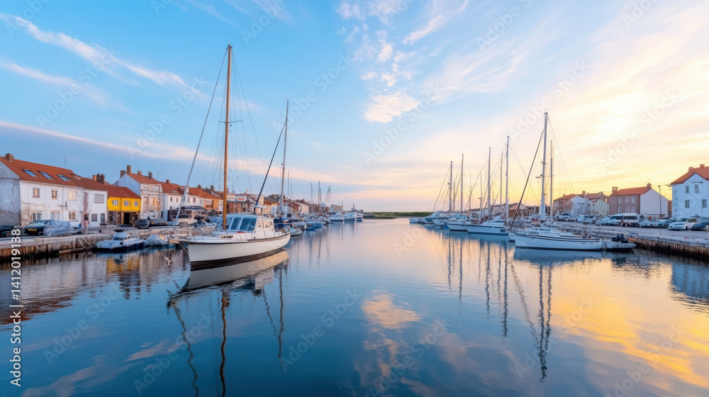 serene harbor scene featuring boats docked in calm waters under beautiful twilight sky serene harbor scene featuring boats docked in calm waters under beautiful twilight sky