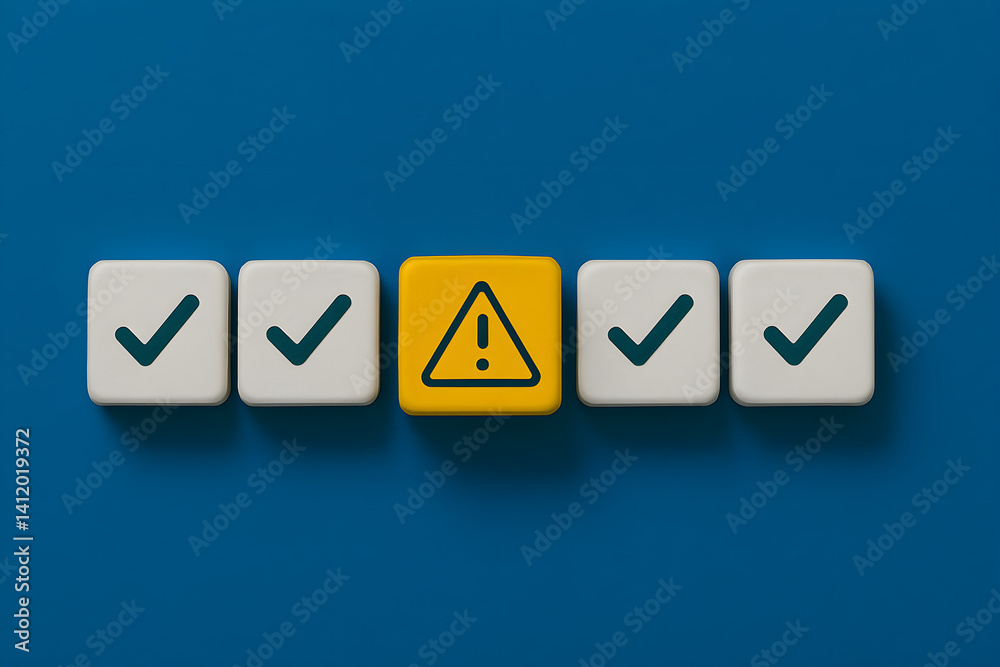 Obraz premium Conceptual Image of Risk and Approval Featuring White Cubes with Checkmarks and Central Yellow Warning Cube, Representing Decision-Making, Quality Control, and Risk Awareness in a Business Environment