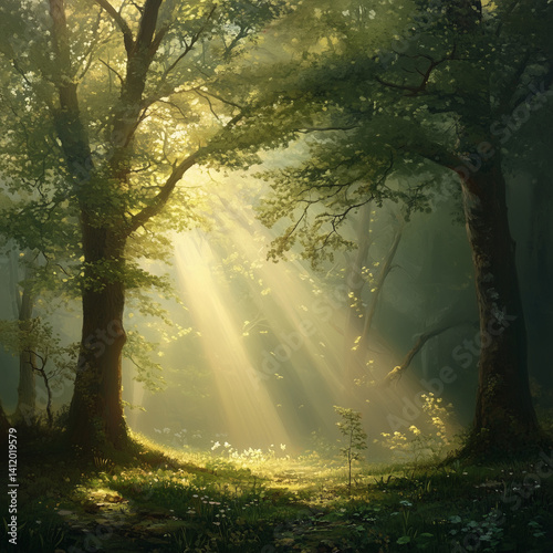 ethereal enchantment of a mist-laden woodland at daybreak in spring, with its playfully scattered beams of sunlight, glistening foliage, and invigorating spirit that accompanies shifting tides of natu
