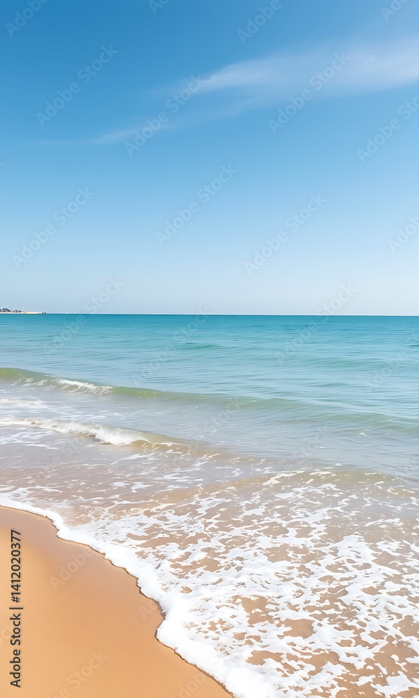 Obraz premium Golden sand meets the tranquil turquoise sea under a vast cloudless bright blue sky creating a serene coastal landscape.