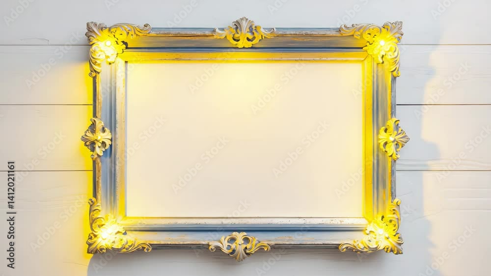 Classic Blue Silver Antique Vintage Rectangular Ornate Mockup Canvas Frame on White Background with Blank and Various Molding Baguette. Design Element for Artwork or Videographs.