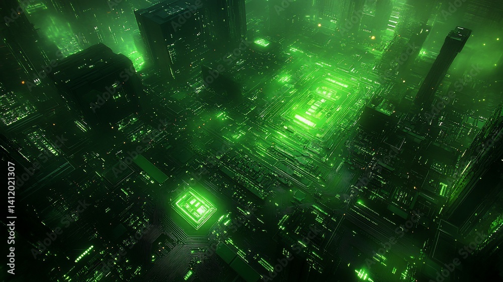 Naklejka premium Green circuit cityscape at night