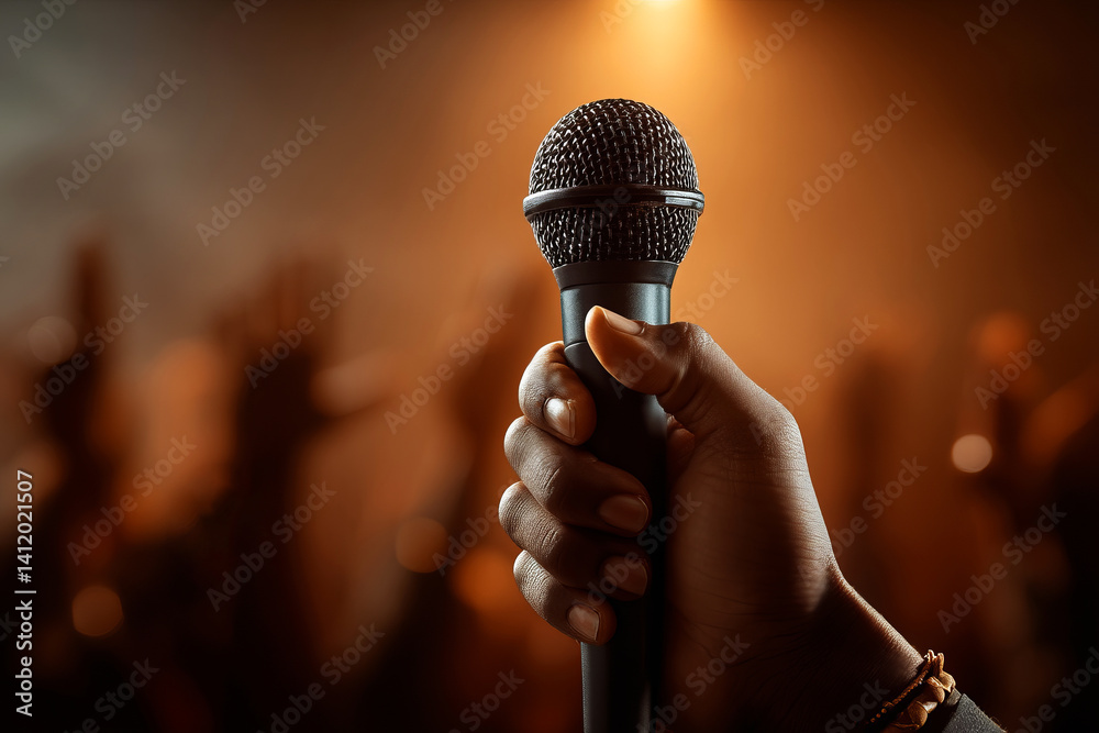 Hand Holding Microphone Against Crowd with Raised Hands in Warm Lighting Background