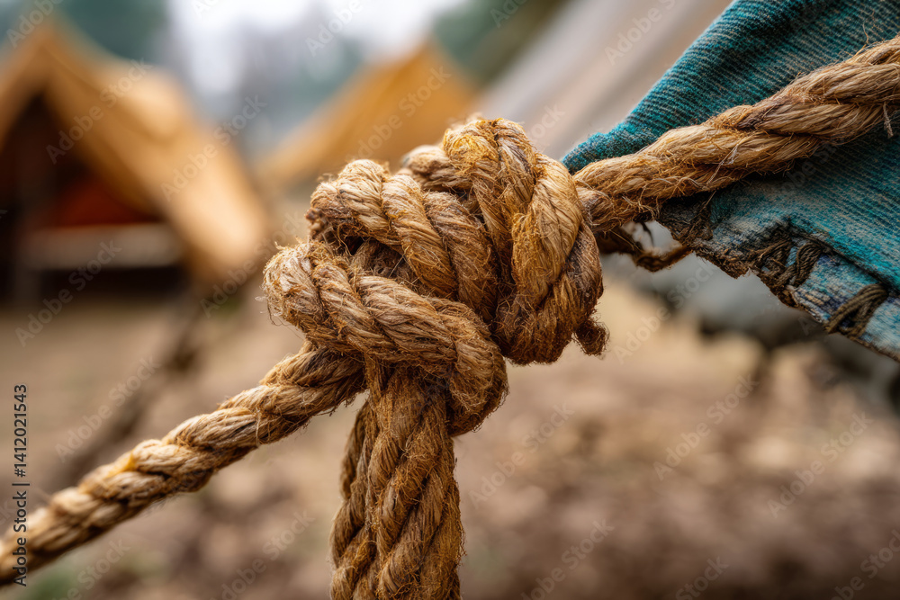 Detailed Close-Up of a Secure Rope Knot on Canvas Tent in Outdoor Camping Environment