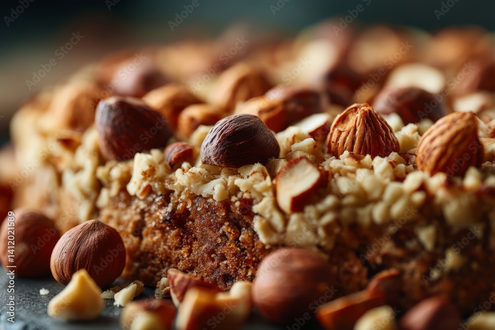 Delicious Nut-Topped Dessert with Almonds and Hazelnuts on Dark Wooden Background
