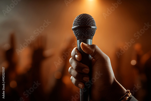 Obraz na płótnie Hand Holding Microphone Against Crowd with Raised Hands in Warm Lighting Background w salonie