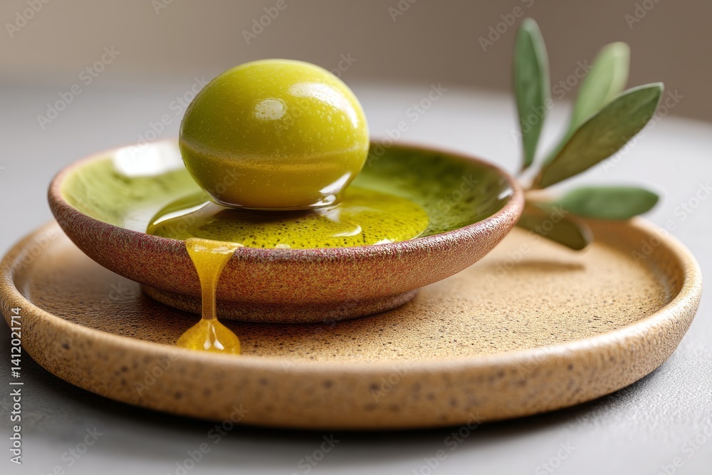 Fresh Olive Oil with Green Olive on Plate Dripping with Golden Liquid and Olive Leaf
