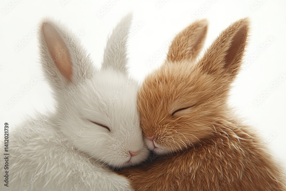 Obraz premium Two adorable bunnies cuddling and sleeping peacefully together, a heartwarming scene.