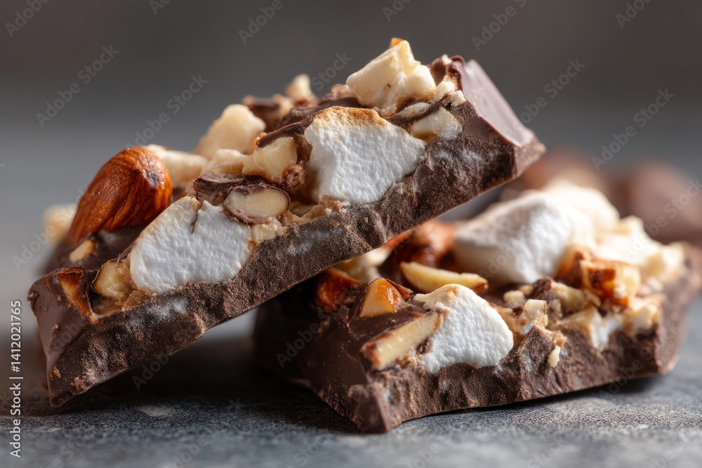 Delicious chocolate treat with marshmallows and nuts on a gray background