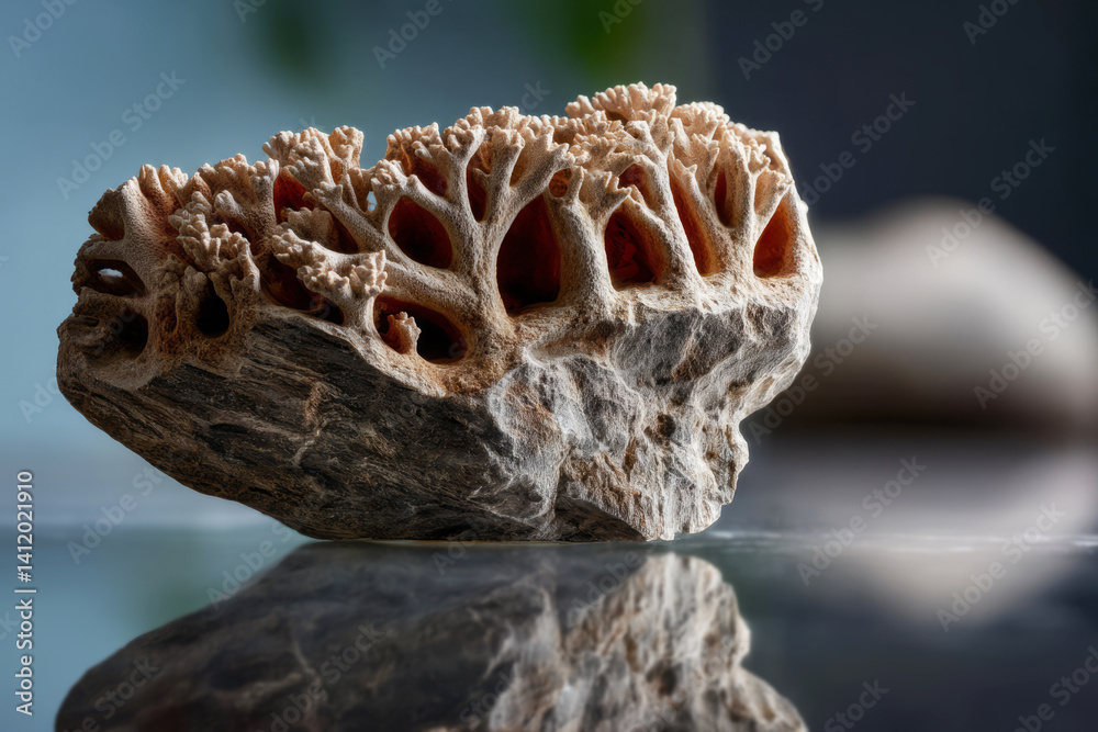 Unique Natural Coral Fossil Rock with Intricate Texture and Calm Background